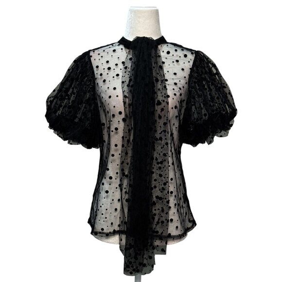 NEW Polka Dot Sheer Black Puff Sleeve Button-Up Blouse By Haute Monde Size S - Picture 9 of 13